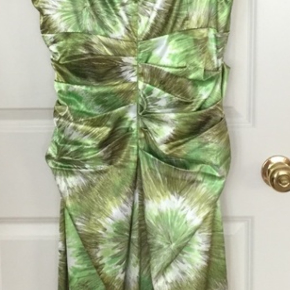 In search of this dress London Times Asymmetrical Green and White Dress